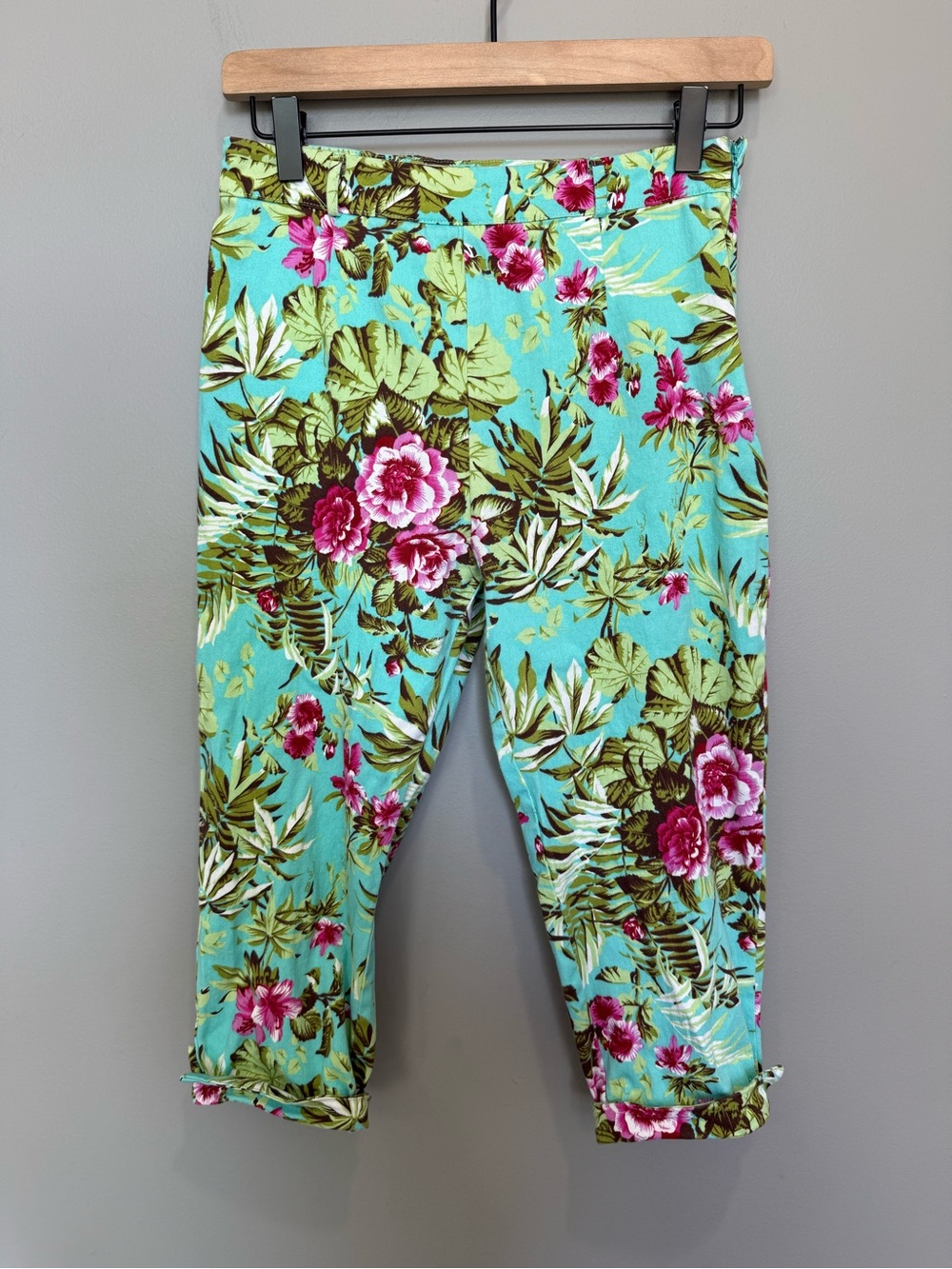 Lindy Bop Tropical Floral Capri Pants Turquoise Pink Retro Pinup Size S